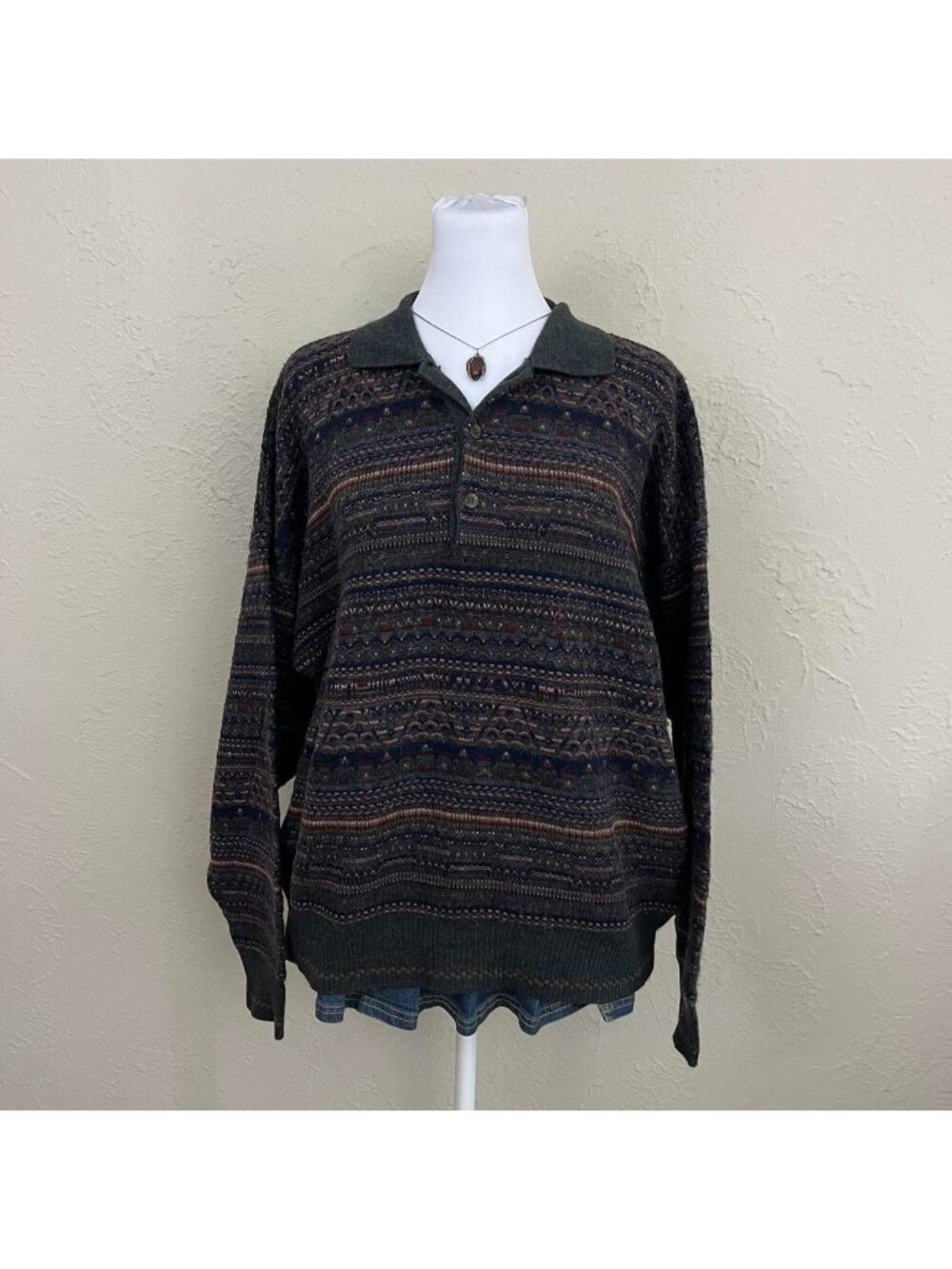80s colorful striped quirky boho indie grandpa wool polo sweater - Picture 2 of 8